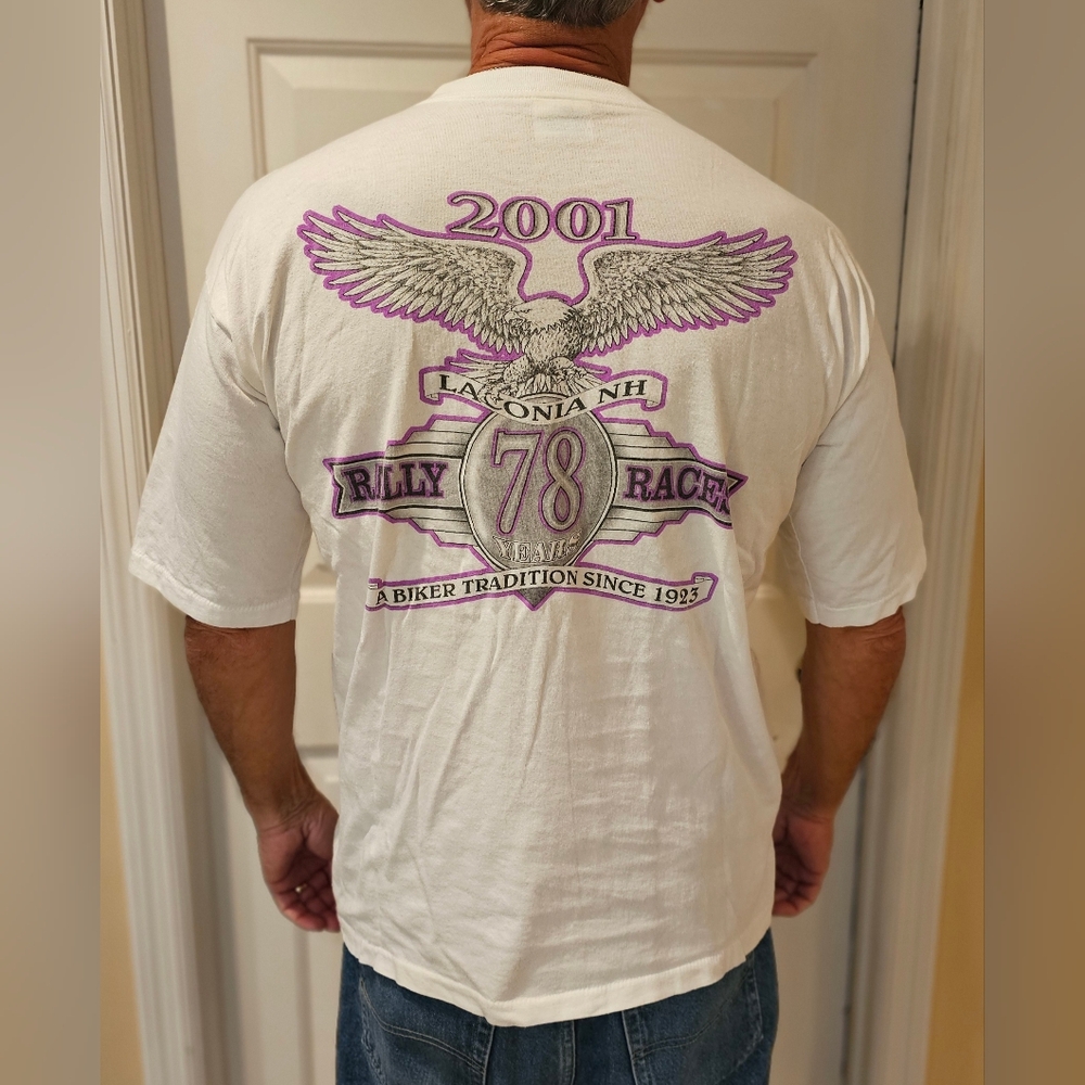Laconia NH Biker T-Shirt in White. L
